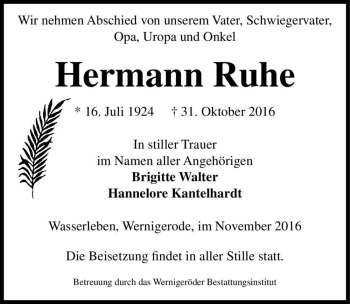 Traueranzeige von Hermann Ruhe  von Magdeburger Volksstimme