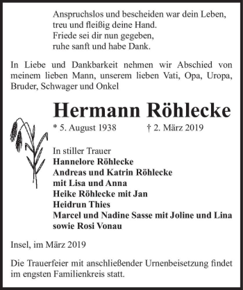 Traueranzeige von Hermann Röhlecke  von Magdeburger Volksstimme