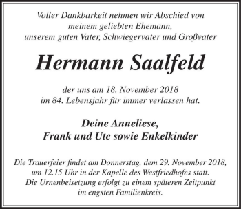 Traueranzeige von Hermann Saalfeld  von Magdeburger Volksstimme