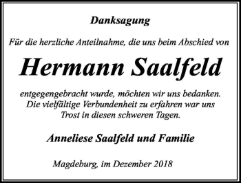 Traueranzeige von Hermann Saalfeld  von Magdeburger Volksstimme
