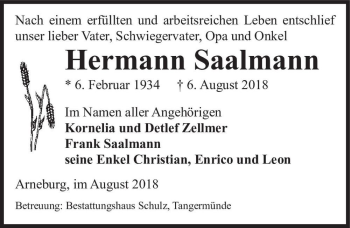 Traueranzeige von Hermann Saalmann  von Magdeburger Volksstimme