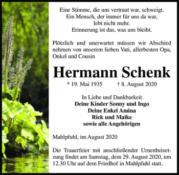 Traueranzeige von Hermann Schenk  von Magdeburger Volksstimme