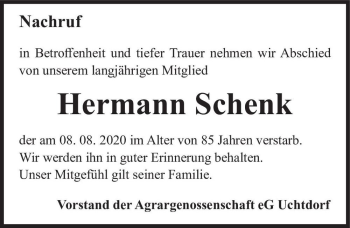 Traueranzeige von Hermann Schenk  von Magdeburger Volksstimme