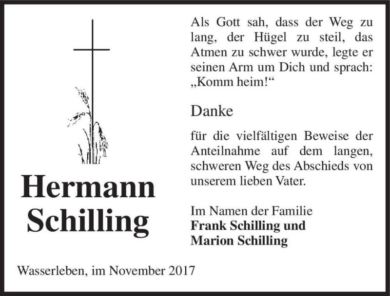  Traueranzeige für Hermann Schilling  vom 25.11.2017 aus Magdeburger Volksstimme