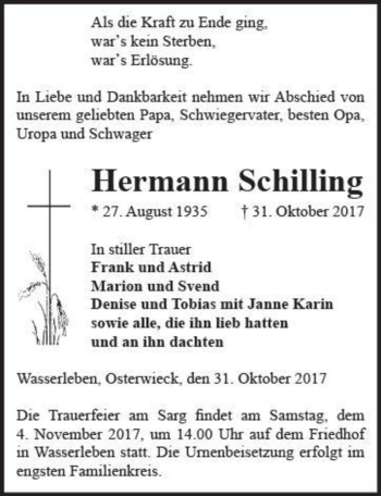 Traueranzeige von Hermann Schilling  von Magdeburger Volksstimme