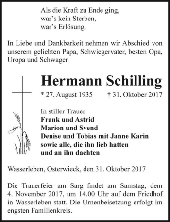 Traueranzeige von Hermann Schilling  von Magdeburger Volksstimme