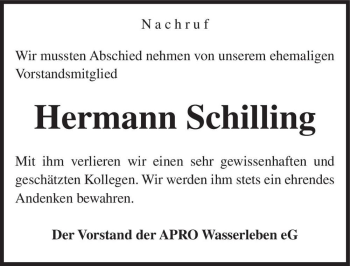 Traueranzeige von Hermann Schilling  von Magdeburger Volksstimme