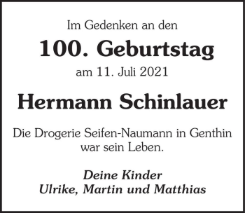 Traueranzeige von Hermann Schinlauer  von Magdeburger Volksstimme