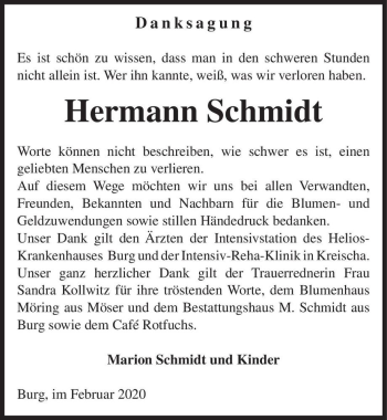 Traueranzeige von Hermann Schmidt  von Magdeburger Volksstimme