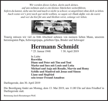 Traueranzeige von Hermann Schmidt  von Magdeburger Volksstimme
