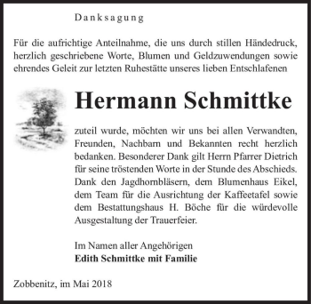 Traueranzeige von Hermann Schmittke  von Magdeburger Volksstimme