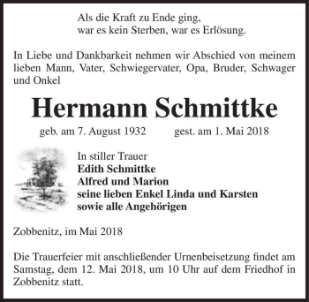 Traueranzeige von Hermann Schmittke  von Magdeburger Volksstimme