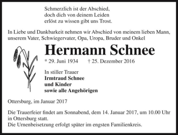 Traueranzeige von Hermann Schnee  von Magdeburger Volksstimme