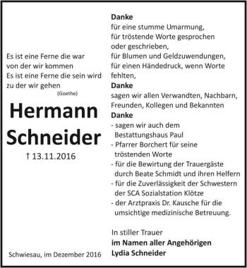 Traueranzeige von Hermann Schneider  von Magdeburger Volksstimme