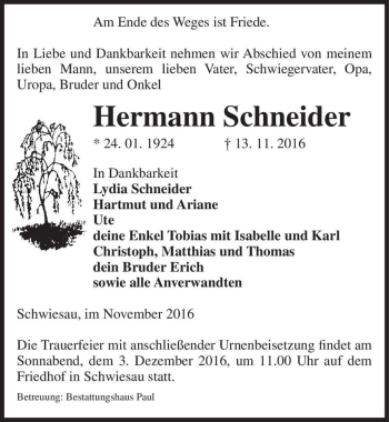 Traueranzeige von Hermann Schneider  von Magdeburger Volksstimme