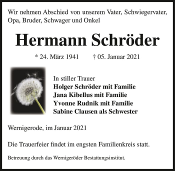 Traueranzeige von Hermann Schröder  von Magdeburger Volksstimme