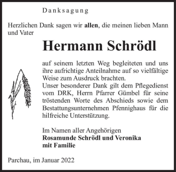Traueranzeige von Hermann Schrödl  von Magdeburger Volksstimme