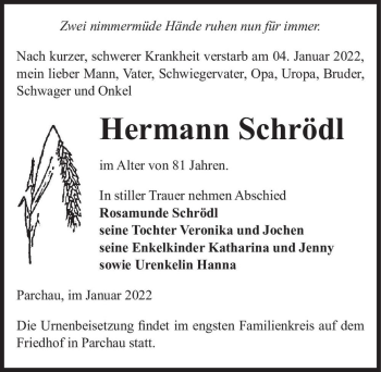 Traueranzeige von Hermann Schrödl  von Magdeburger Volksstimme