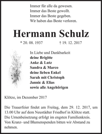 Traueranzeige von Hermann Schulz  von Magdeburger Volksstimme