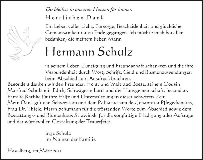  Traueranzeige für Hermann Schulz  vom 13.03.2021 aus Magdeburger Volksstimme