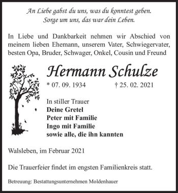 Traueranzeige von Hermann Schulze  von Magdeburger Volksstimme