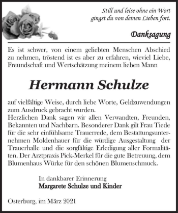 Traueranzeige von Hermann Schulze  von Magdeburger Volksstimme