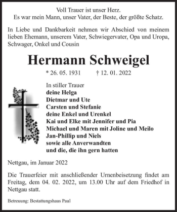 Traueranzeige von Hermann Schweigel  von Magdeburger Volksstimme