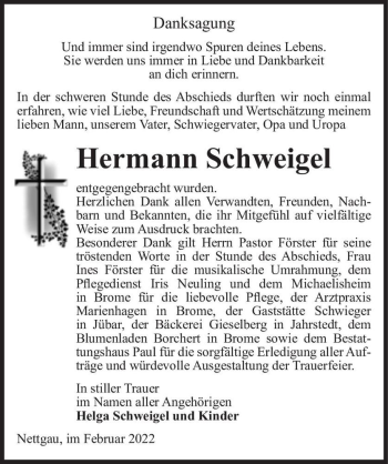 Traueranzeige von Hermann Schweigel  von Magdeburger Volksstimme