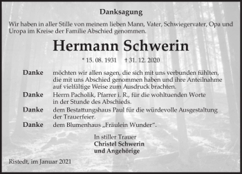 Traueranzeige von Hermann Schwerin  von Magdeburger Volksstimme