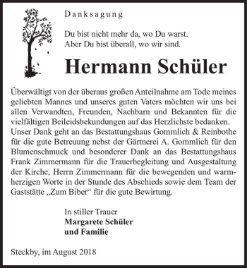 Traueranzeige von Hermann Schüler  von Magdeburger Volksstimme