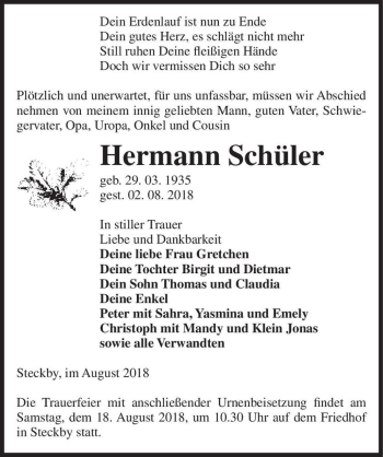 Traueranzeige von Hermann Schüler  von Magdeburger Volksstimme