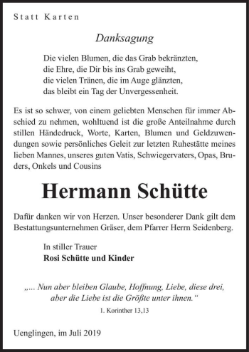 Traueranzeige von Hermann Schütte  von Magdeburger Volksstimme