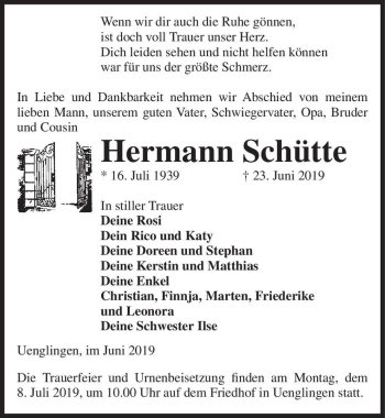Traueranzeige von Hermann Schütte  von Magdeburger Volksstimme