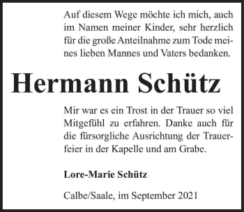 Traueranzeige von Hermann Schütz  von Magdeburger Volksstimme