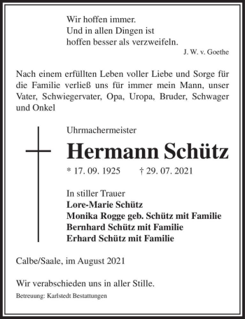 Traueranzeige von Hermann Schütz  von Magdeburger Volksstimme