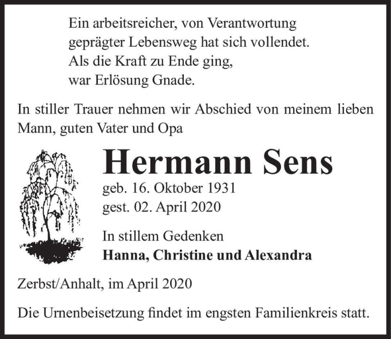  Traueranzeige für Hermann Sens  vom 18.04.2020 aus Magdeburger Volksstimme
