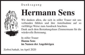 Traueranzeige von Hermann Sens  von Magdeburger Volksstimme