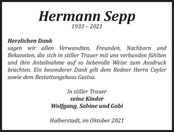 Traueranzeige von Hermann Sepp  von Magdeburger Volksstimme