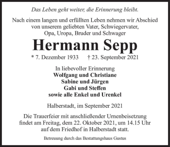 Traueranzeige von Hermann Sepp  von Magdeburger Volksstimme