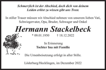 Traueranzeige von Hermann Stackelbeck  von Magdeburger Volksstimme