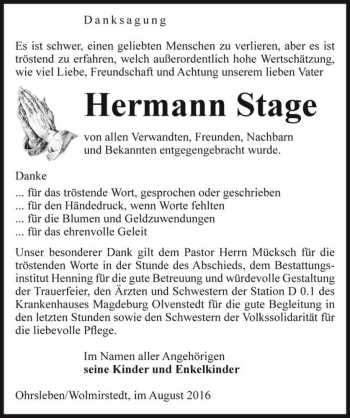 Traueranzeige von Hermann Stage  von Magdeburger Volksstimme