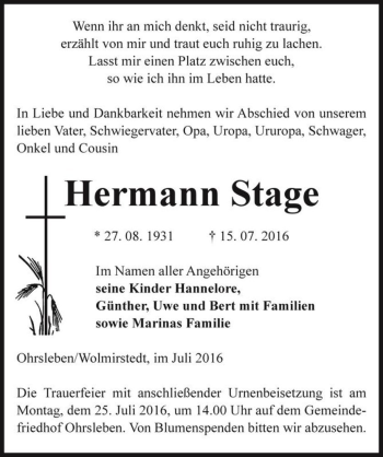 Traueranzeige von Hermann Stage  von Magdeburger Volksstimme