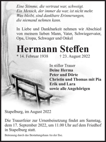 Traueranzeige von Hermann Steffen  von Magdeburger Volksstimme