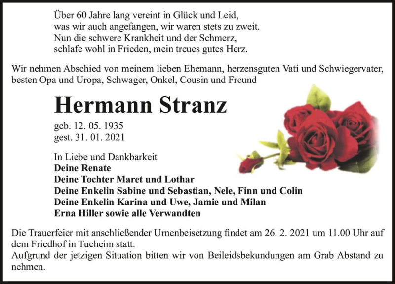  Traueranzeige für Hermann Stranz  vom 06.02.2021 aus Magdeburger Volksstimme