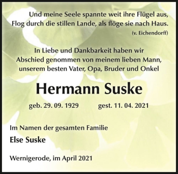 Traueranzeige von Hermann Suske  von Magdeburger Volksstimme