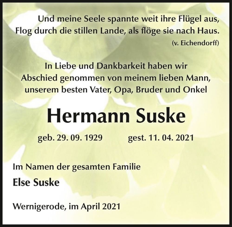  Traueranzeige für Hermann Suske  vom 17.04.2021 aus Magdeburger Volksstimme