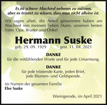 Traueranzeige von Hermann Suske  von Magdeburger Volksstimme