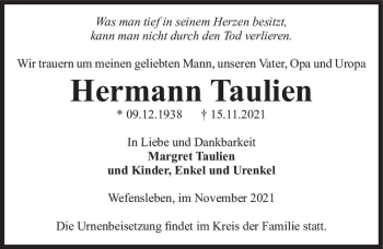 Traueranzeige von Hermann Taulien  von Magdeburger Volksstimme