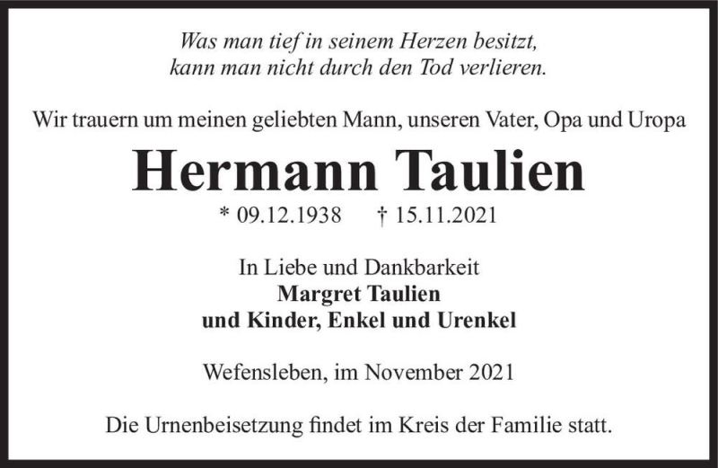  Traueranzeige für Hermann Taulien  vom 20.11.2021 aus Magdeburger Volksstimme