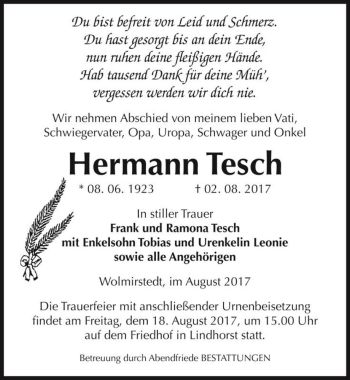 Traueranzeige von Hermann Tesch  von Magdeburger Volksstimme
